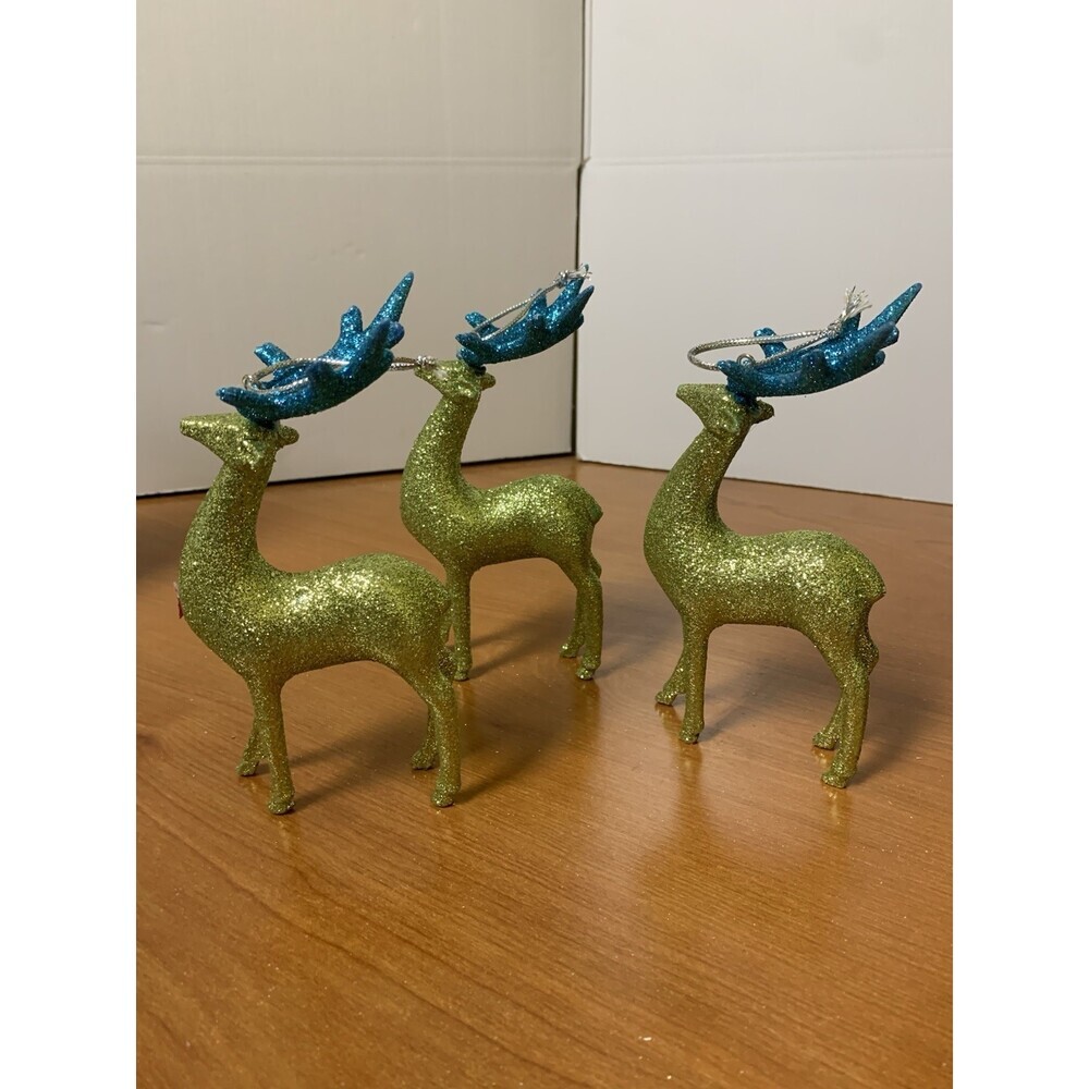 Lot If 3 Glittered Reign Deer  6”x3” Green/Blue